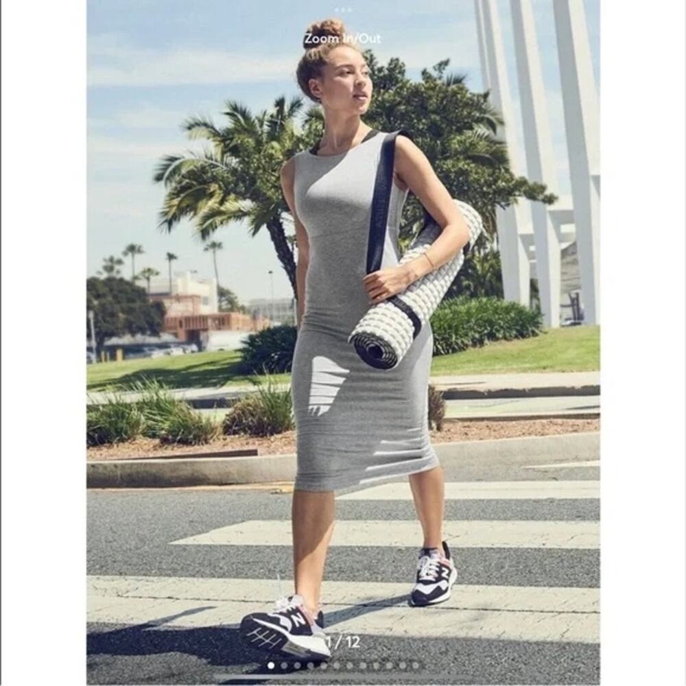 Athleta Santorini Midi Dress Gray S | Minimalist Athleisure Modal Sheath Scoop